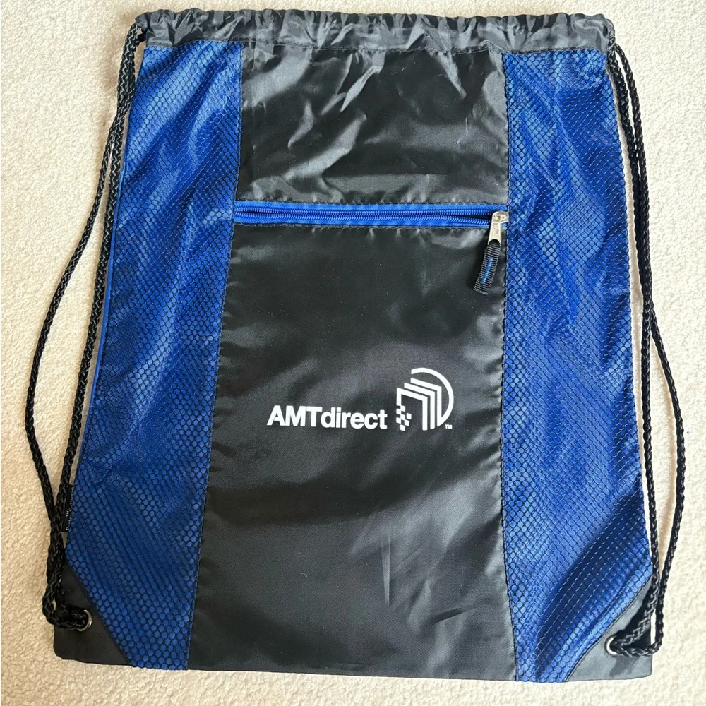 Blue and Black Drawstring Bag Backpack Gym Bag Sporty Athletic Mesh Colorblock